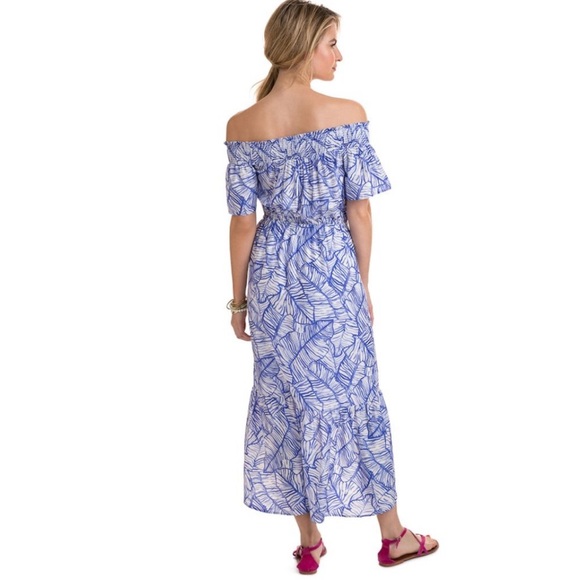 Vineyard Vines Size 2 Blue White Hi Lo Silk Maxi Dress Off The Shoulder - Picture 11 of 13